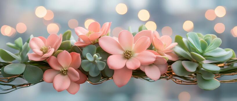 Soft pink blossoms and green succulents arranged on a vine with warm bokeh lights in the background. photo