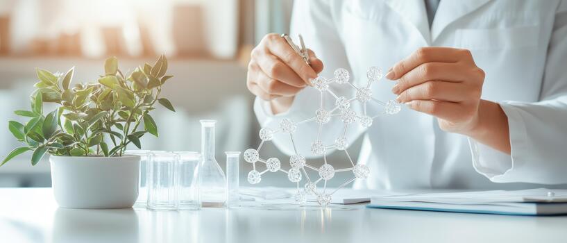 Scientist examines molecular structure with plant and labware, symbolizing genetic science. photo