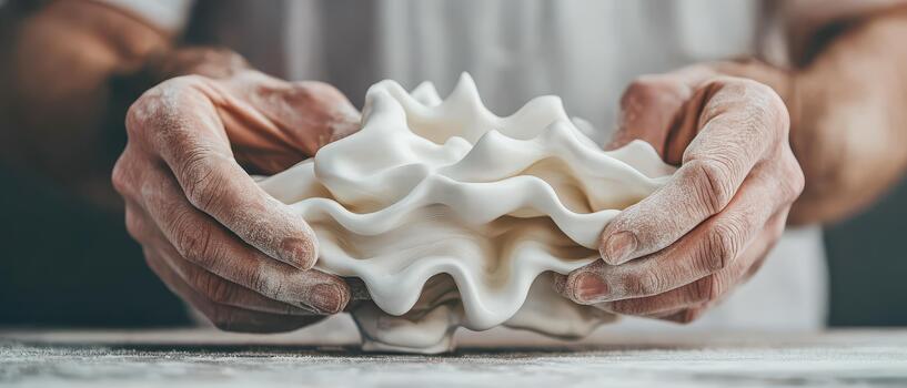 Hands shaping delicate white material into abstract organic form, representing creative thought and new ideas. photo