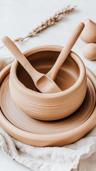Earthenware bowl with wooden spoons on textured surface, representing creative ideation and craftsmanship. photo