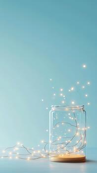 Glass jar filled with delicate glowing string lights creating a magical atmosphere on a soft blue background with a wooden base. photo