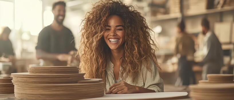 Smiling woman with curly hair works with wooden circles in a workshop with blurred people in background. photo