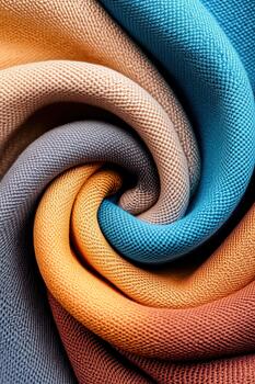 Abstract swirl of textured fabric strips in warm earth tones and cool blues creating a visual flow of colorful, layered elements. photo