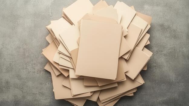 Pile of blank paper cards on rough textured surface, idea generation, brainstorming, creative thoughts. photo