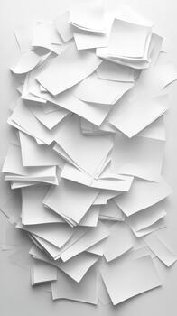 Scattered blank paper sheets piled in disarray, suggesting ideas and brainstorming possibilities on a clean surface. photo