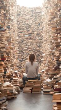 A person sits surrounded by towering walls of old books, reflecting on knowledge and possibilities. photo