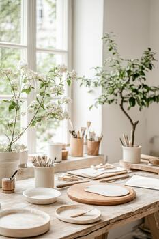 Table with pottery tools and unfired clay pieces ready for shaping, bathed in natural light from a large window. photo