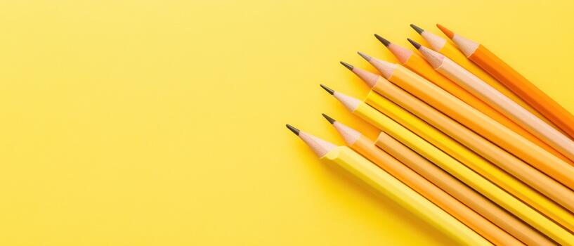 Many yellow and orange pencils arranged in a line on a plain yellow background, suggesting creativity and ideas. photo