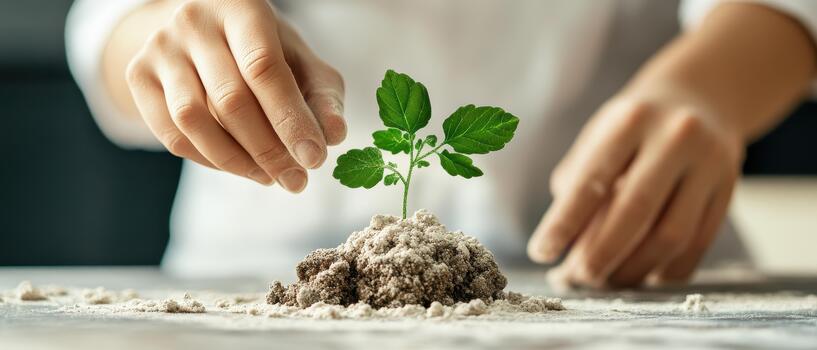 manos suavemente colocación suelo alrededor un pequeño verde planta simbolizando el creación de nuevo vida y futuro crecimiento en científico avance. foto