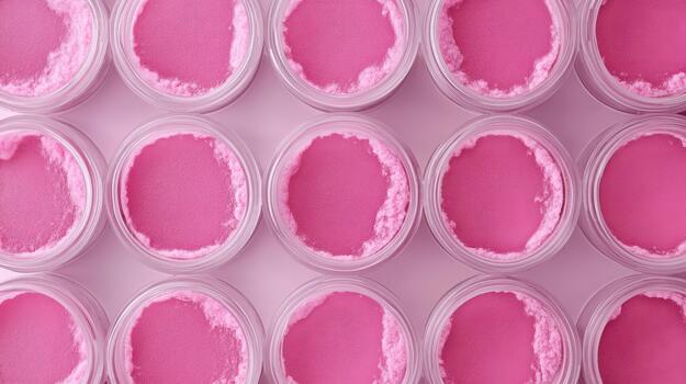 Small pink granular samples in clear containers arranged in rows showing cellular division potential for new life forms. photo
