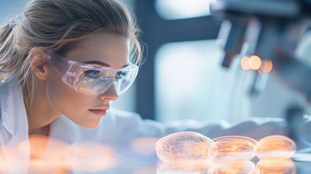 Scientist studying glowing cellular structures in a futuristic laboratory environment focused on biological advancement. photo