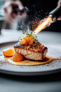 cocinero carameliza delicado pescado filete con agrios adornar utilizando Cocinando antorcha, creando multa comida experiencia. foto