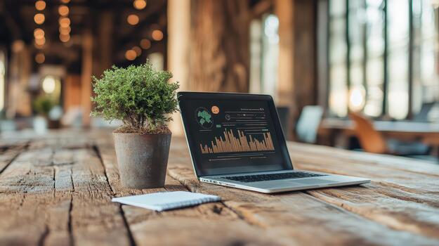 Laptop screen displays financial charts on a rustic wooden table next to a small potted plant, suggesting fintech growth and analysis in a modern setting. photo