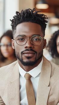 Man wearing glasses and suit looking forward, symbolizing financial technology progress and forward thinking business advancement. photo