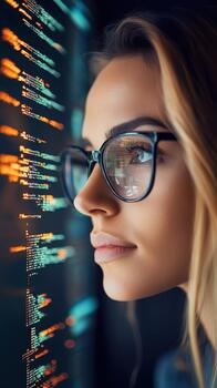 mujer en lentes enfocado en brillante digital datos líneas, representando financiero tecnología avances y información análisis. foto