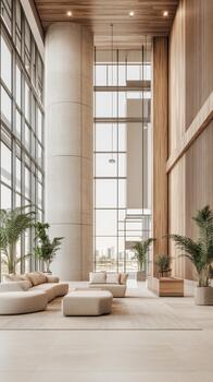 Modern interior lobby with seating and plants, featuring large windows and natural light, showcasing elegant architectural design. photo