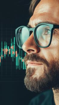 Man wearing glasses, looking at financial data graphs, reflecting fintech innovation and digital finance growth on a dark background. photo