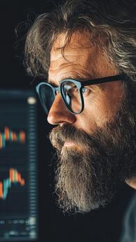 Man with beard and glasses focused on digital financial charts on screen, representing fintech growth and trading. photo