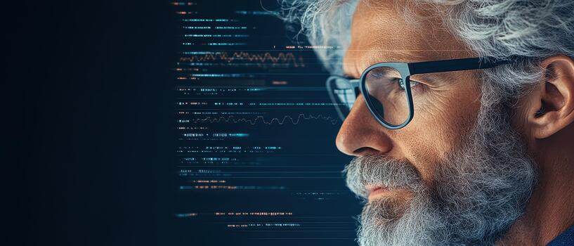 Elderly man in glasses looking at glowing digital data streams symbolizing fintech progress and financial technology advancements. photo