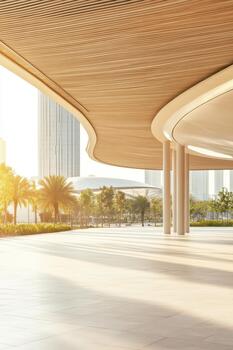 Modern building overhang with wooden ceiling, large open plaza, palm trees, and city skyline during golden hour sunlight casting long shadows. photo