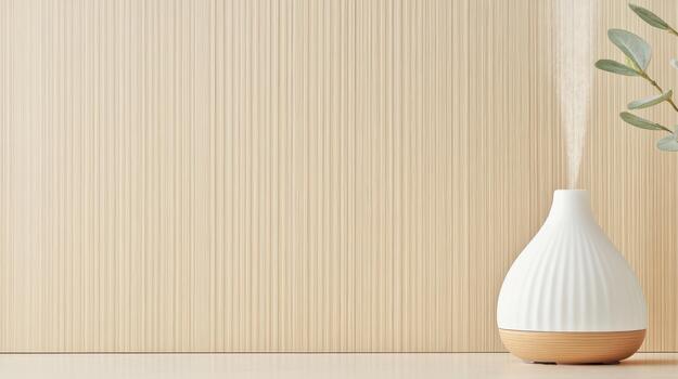 Aromatherapy diffuser emits mist beside a green leaf on a light wood grain background, promoting calm and wellness. photo