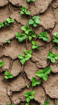 Green vines grow upwards on a textured brown surface, creating a living wall effect with natural patterns. photo