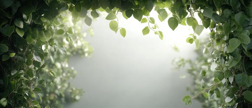 Lush green vines with water droplets create a natural archway with soft light and mist creating a serene atmosphere. photo