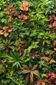 Lush vertical gardens with diverse foliage and textures, a vibrant display of green and earthy tones. photo