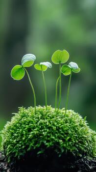 Tiny green seedlings growing on moss covered ground with soft green background photo