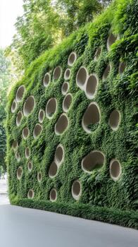verde pared con circular aberturas cubierto en denso hiedra y follaje, moderno arquitectónico diseño con natural elementos, al aire libre en un brillante día foto