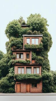 Brick building covered in lush green plants and trees, showcasing vertical garden design with multiple windows and doorways. photo