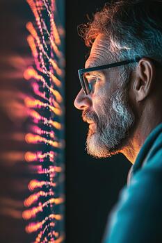 Man studying genetic engineering data on a glowing digital screen at night, experiencing scientific discovery. photo
