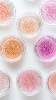 Colorful liquid samples in small glass jars with tiny bubbles, science experiment, close up photo