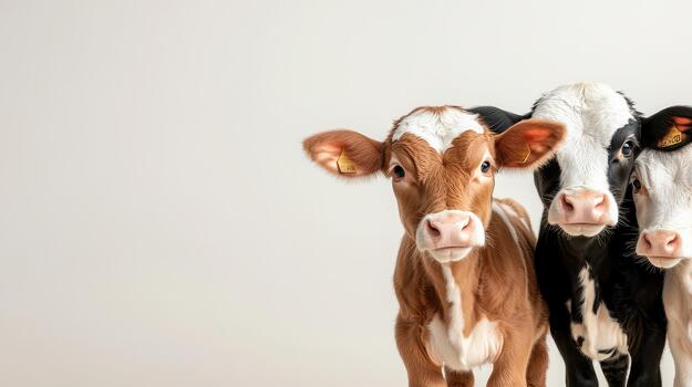 Three young cows, one brown and two black and white, stand together looking forward against a plain background. photo
