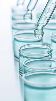 gotita que cae desde pipeta dentro fila de claro laboratorio vasos de precipitados con azul líquido, investigación, ciencia, genética foto