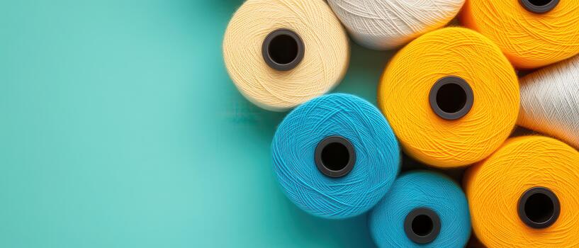 Brightly colored yarn spools arranged on a teal background, conveying ideas and creativity through diverse textures and hues. photo