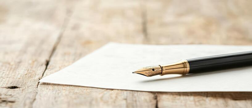 A writing instrument rests on a blank page over weathered wooden boards, signifying an idea waiting to be penned. photo