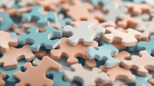 Scattered puzzle pieces in pastel colors, symbolizing connection and new ideas. photo