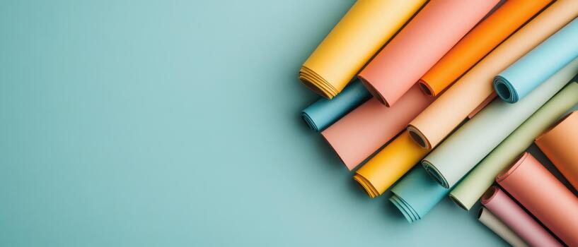 Rolled colorful papers in soft pastel shades arranged diagonally on a smooth blue background conveying ideas and imagination. photo
