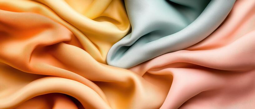 fluido vistoso tela texturas en suave durazno, dorado amarillo, ligero verde azulado, y pastel rosado con amable pliegues y ligero reflejos. foto
