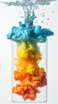 Vibrant color clouds swirl and blend inside a clear glass cylinder with water splashes above. photo