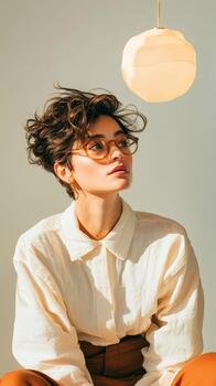 Person looking up at a light source contemplating a new idea with soft natural light. photo