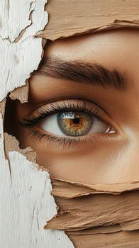 Close up of a striking human eye peering through torn layers of textured material revealing a creative glimpse. photo