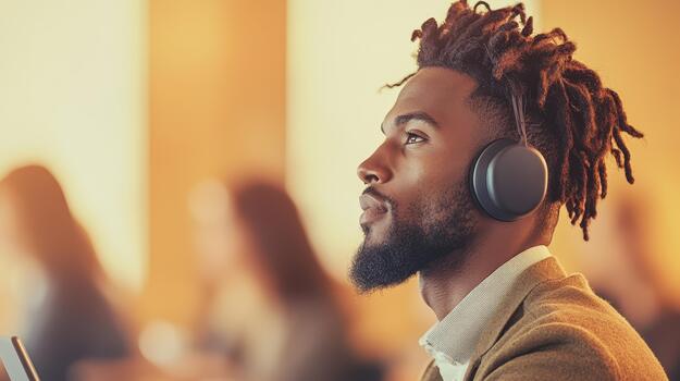 Man with headphones listening intently, focused expression, warm background with soft light suggesting creativity and inspiration. photo
