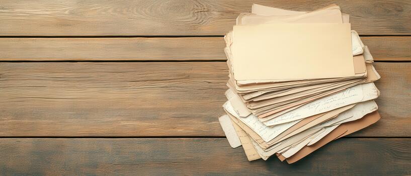 Pile of old paper sheets stacked on a weathered wooden surface, showing aged texture and worn edges, evoking a sense of history and memories. photo