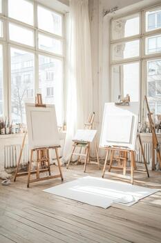 Bright studio space with easels and blank canvases ready for creative thought and artistic expression. photo
