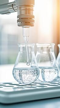 Precise liquid dispensing into laboratory flask, symbolizing precise chemical synthesis and futuristic biological advancements. photo