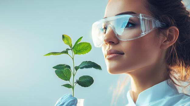 Scientist examines green plant growth in laboratory, understanding future biological development and innovation with care and precision. photo