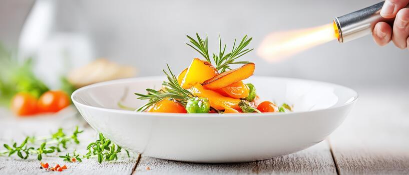 zanahorias y vegetales son preparado con un Cocinando antorcha, creando un gastrónomo plato con hierbas y especias en un blanco lámina. foto