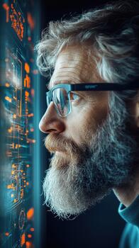 enfocado adulto examina brillante datos pantalla mostrando intrincado digital sistemas, reflejando fintech innovación y avanzado tecnología interfaces foto